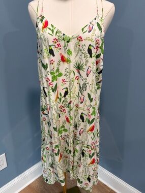 LOFT Tropical Bird Print Midi Dress Small Jungle Parrot Sundress